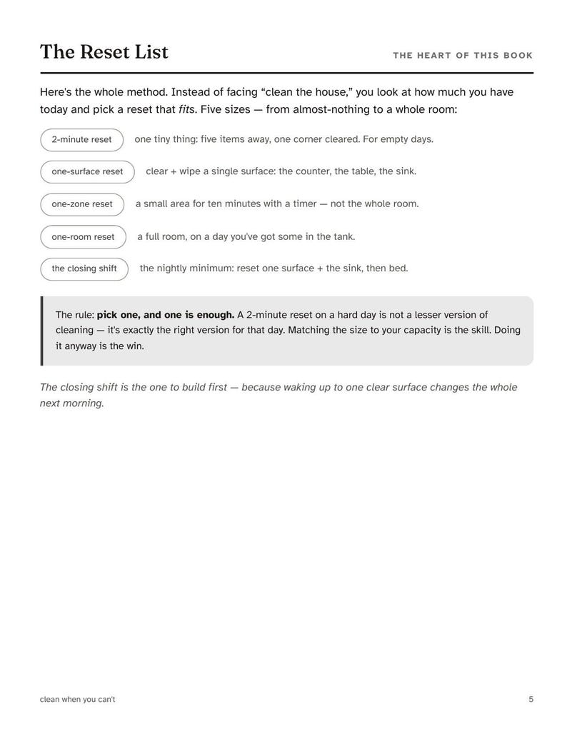 Peut inclure: Une page intitul&eacute;e The Reset List issue d'un livre, pr&eacute;sentant une m&eacute;thode de nettoyage avec cinq cat&eacute;gories : 2-minute reset, one-surface reset, one-zone reset, one-room reset et the closing shift. Elle explique comment adapter la t&acirc;che &agrave; sa capacit&eacute;.
