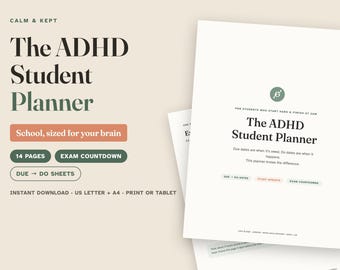 ADHD Student Planner, Student Planner Printable, Due Date to Do Date System, Study Sprint Log & Exam Countdown, Undated PDF, US Letter + A4
