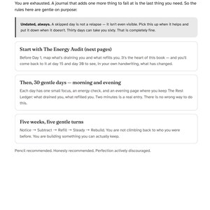 May include: A page from a book titled How this book works, featuring instructions for a burnout recovery journal. The text outlines a gentle approach to daily journaling, including The Energy Audit, 30 gentle days, and five weeks of turns.