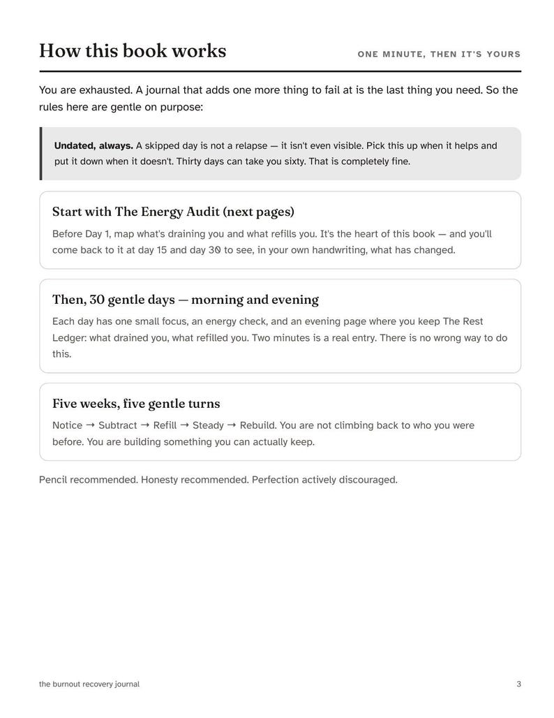 May include: A page from a book titled How this book works, featuring instructions for a burnout recovery journal. The text outlines a gentle approach to daily journaling, including The Energy Audit, 30 gentle days, and five weeks of turns.