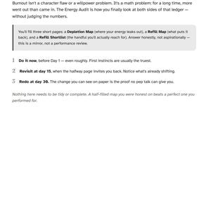 May include: A page from a book titled The Energy Audit, The Heart of This Book. It explains burnout as a math problem and outlines a three-page process including a Depletion Map, Refill Map, and Refill Shortlist, with instructions for days 1, 15, and 30.