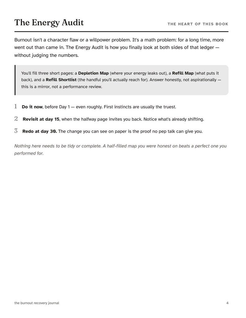 May include: A page from a book titled The Energy Audit, The Heart of This Book. It explains burnout as a math problem and outlines a three-page process including a Depletion Map, Refill Map, and Refill Shortlist, with instructions for days 1, 15, and 30.