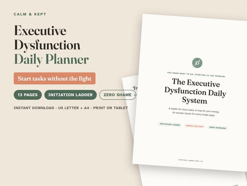 Executive Dysfunction Daily Planner, ADHD Task Initiation System, Body Doubling & Energy Day Map, Undated Printable PDF, US Letter + A4 image 1