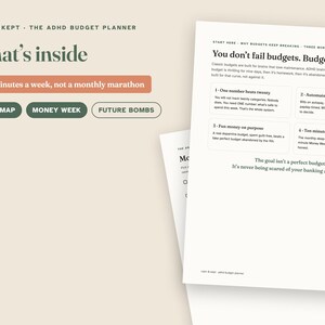 May include: A white paper planner titled Calm & Kept The ADHD Budget Planner. The page features the text What's inside, Ten minutes a week, not a monthly marathon, Bills Map, Money Week, Future Bombs, and You don't fail budgets. Budgets fail you.