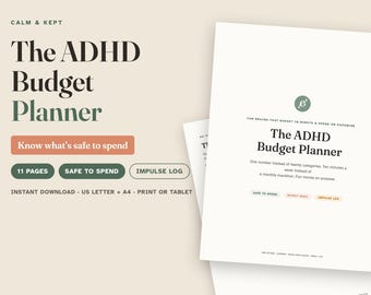 ADHD-budgetplanerare, utskrivbar budgetplanerare, säkert att spendera-system, räkningsspårare, impulsutgiftslogg, skuldsnöboll, pengaplanerare, A4