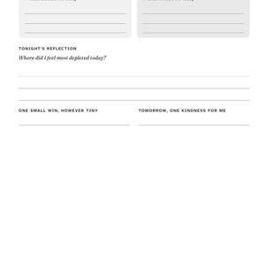 May include: A white journal page titled Day 1 Evening The Rest Ledger. It features sections for what drained and refilled me today, a Tonight's Reflection prompt, and spaces for One Small Win, However Tiny and Tomorrow, One Kindness For Me.
