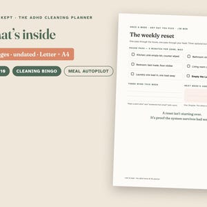 Może przedstawiać: Cyfrowy planer sprzątania zatytułowany Calm & Kept The ADHD Cleaning Planner. Strona zawiera napisy What's inside, 22 pages, undated, Letter + A4, Daily 10, Cleaning Bingo, Meal Autopilot oraz cotygodniową listę kontrolną z polami.