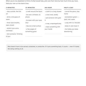 May include: A printed page titled The Refill Menu, featuring a list of self-care activities categorized by time duration: 2 minutes, 15 minutes, an hour, and half a day. The text includes suggestions like step outside, drink water, take a bath, and nap.