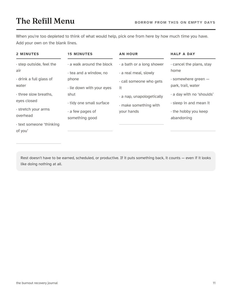 May include: A printed page titled The Refill Menu, featuring a list of self-care activities categorized by time duration: 2 minutes, 15 minutes, an hour, and half a day. The text includes suggestions like step outside, drink water, take a bath, and nap.