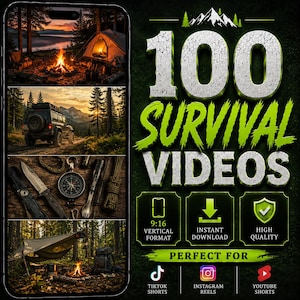 Puede incluir: Un gráfico digital con el texto 100 SURVIVAL VIDEOS en grandes letras plateadas con detalles verdes. La imagen muestra la pantalla de un teléfono inteligente con cuatro escenas de camping, incluyendo una fogata, un vehículo, herramientas y una tienda.