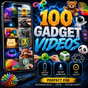 Puede incluir: Una pantalla digital que muestra 100 GADGET VIDEOS con varios juguetes como un resorte arcoíris, un oso de peluche, un panda y un fidget spinner. El gráfico incluye texto para 9:16 VERTICAL FORMAT, INSTANT DOWNLOAD, HIGH QUALITY y redes sociales.