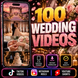 Puede incluir: Un gráfico digital con el texto 100 WEDDING VIDEOS en grandes letras doradas y rosas. Un smartphone muestra escenas de boda que incluyen una ceremonia, una pareja, intercambio de anillos y un pastel. Los iconos indican formato vertical 9:16, descarga instantánea, alta calidad, TikTok, Instagram Reels y YouTube Shorts.