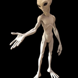 May include: A light beige, humanoid alien figurine with an elongated head, large dark almond-shaped eyes, and a slender, muscular build. The figure stands upright with one arm extended forward, palm open, and features detailed skin texture.