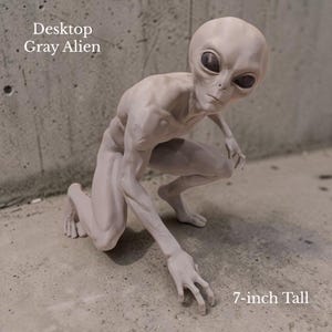 May include: A light gray alien figurine in a crouching pose with large dark eyes and slender limbs. The text Desktop Gray Alien and 7-inch Tall is visible on the image. The figure has a smooth, matte surface and detailed muscular definition.