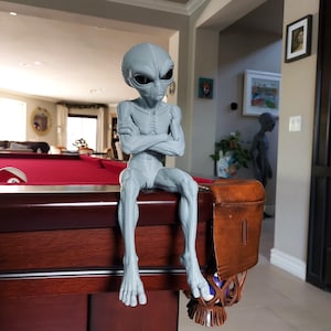 May include: A light gray alien figurine with a large head, almond-shaped black eyes, and a slender, muscular build. The figure is depicted in a seated position with its arms crossed over its chest, featuring detailed skin texture and defined limbs.