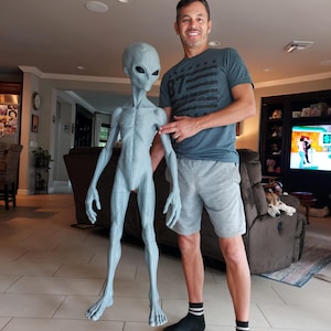 May include: A life-sized, light grey alien figurine featuring a slender, elongated body, a large oval-shaped head with dark, almond-shaped eyes, and long, thin limbs with detailed joints and defined musculature, standing in an upright position.