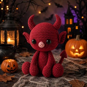 May include: A dark red crochet plush toy shaped like a small devil with two pointed horns, large black plastic eyes, a small light pink nose, and a pointed tail. The figure is seated in a forward-facing position with rounded limbs.