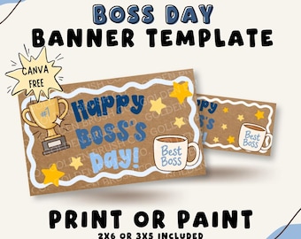 Könnte beinhalten: Eine Boss Day Bannervorlage mit dem Text Happy Boss's Day, einem goldenen Pokal mit #1, einer weißen Tasse mit der Aufschrift Best Boss und gelben Sternen auf braunem Grund. Das Design enthält einen weißen Wellenrand sowie den Text Canva Free und Print or Paint 2x6 or 3x5 included.