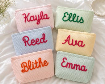Personalized Seersucker Makeup Bag, Chenille Name Cosmetic Pouch, Embroidered Travel Bag, Bridesmaid Gift, Bridal Party Gift, Gift for Her