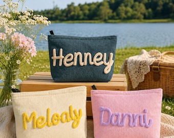 Neceser de pana con nombre personalizado, estuche de cosméticos de chenilla con letra personalizada, neceser de viaje, regalo de cumpleaños para mujeres, regalo para damas de honor