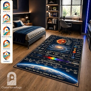 Peut inclure: Un tapis rectangulaire orné d'un guide astronomique détaillé sur fond bleu foncé. Le motif comprend une galaxie spirale, le spectre électromagnétique, un calendrier cosmique et le texte, We are a way for the cosmos to know itself.