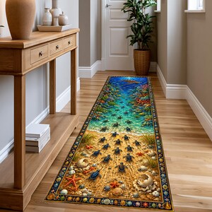 Sea Turtle Beach Runner Rug, Ocean Hatchling Hallway Rug, Colorful Coastal Nursery Decor