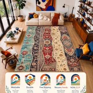 May include: A rectangular area rug featuring a multi-paneled design with wavy vertical borders. The pattern includes intricate floral and geometric motifs in shades of teal, deep red, cream, and navy blue, with a distressed, vintage-inspired finish.