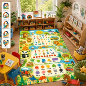 May include: A rectangular educational area rug featuring a colorful illustrated landscape with the alphabet, numbers one through ten, geometric shapes, and color names. The design includes animals, a train, a school bus, and houses on a green path.