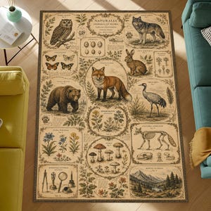 May include: A rectangular area rug featuring a vintage-style natural history print on a beige background. The design includes detailed illustrations of an owl, wolf, bear, fox, rabbit, crane, mushrooms, plants, and a fox skeleton with Latin text labels.