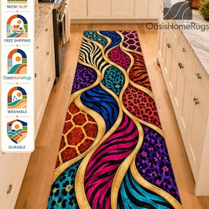 Tappeto passatoia con stampa animalier colorata, tappetino da cucina leopardato/zebrato dai colori vivaci, tappeto passatoia patchwork eclettico per corridoio, decorazione d'interni massimalista