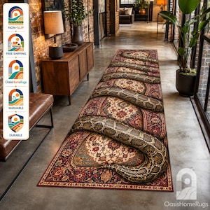 May include: A long rectangular runner rug featuring a traditional ornate pattern in shades of red, cream, and blue, with a large, realistic three-dimensional graphic of a brown and tan patterned snake coiled across the entire length of the rug.