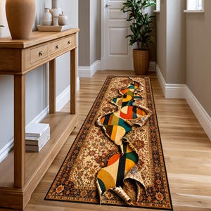 3D Torn Persian Style Illusion Runner Rug, Modern Abstract Geometric Hallway Carpet, Surrealist Oriental Floor Mat, Trippy Corridor Rug