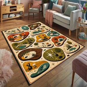 May include: A rectangular area rug featuring a cream-colored background with a repeating pattern of organic, amoeba-shaped islands in shades of orange, olive green, teal, and brown, each containing stylized trees, starbursts, and landscape elements.