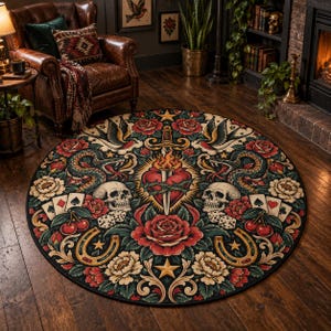 May include: A round area rug featuring a detailed tattoo-style illustration with a central flaming heart pierced by a dagger, flanked by two skulls, coiled snakes, red roses, playing cards, dice, cherries, and golden horseshoes on a dark background.