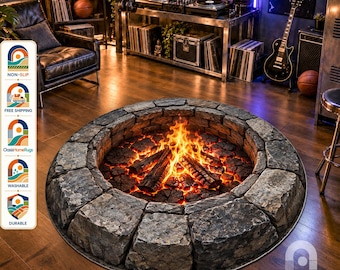 May include: A round area rug featuring a realistic 3D print of a stone fire pit with glowing orange embers and bright yellow flames. The design depicts stacked grey stones arranged in a circular pattern, creating a visual effect of a burning fire.