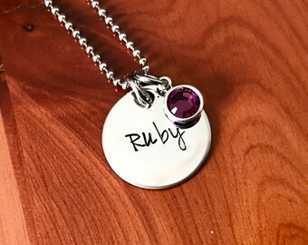 Hand Stamped Necklace- Mother's Necklace- Stainless Steel with Birthstone