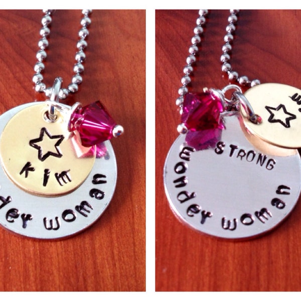 Hand Stamped 'Wonder Woman with Name and Secret Message' Pendant