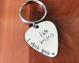 Guitar Pick Keychain- Hand Stamped on Stainless Steel- Gift for Him- I Pick You- Gift for Guitar Player