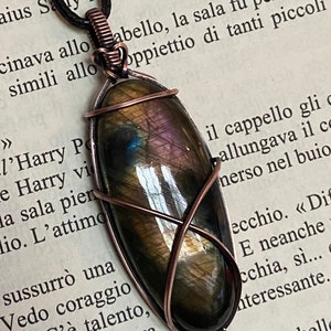 Labradorite Stone Wire Wrapped Necklace- Oxidized Copper Necklace