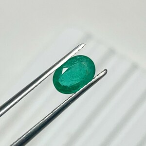 May include: An oval-cut emerald gemstone with a vibrant green colour and faceted surface held by a pair of silver-toned metal tweezers. The gemstone displays natural internal inclusions and a polished finish, showcasing its translucent quality.