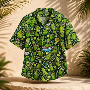 Funny Pickle Hawaiian Shirt, Cartoon Pickle Button Up, Dill Pickle Aloha Shirt, Foodie Vacation Shirt, Novelty BBQ Shirt, Unisex Summer Gift