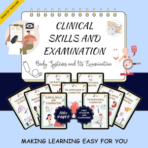 May include: A collection of educational study guides titled Clinical Skills and Examination, featuring various medical body systems, anatomical illustrations, and diagrams. The set includes over 100 pages, free stickers, and flashcards for medical learning.