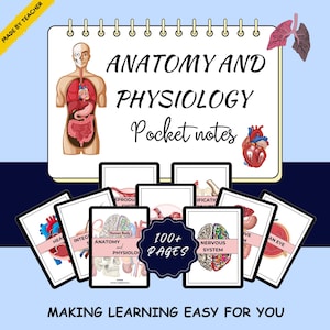 May include: A spiral-bound notebook titled ANATOMY AND PHYSIOLOGY Pocket notes with a human torso diagram, lungs, and heart illustrations. Below are several smaller cards displaying various human body systems and a badge stating 100+ PAGES.