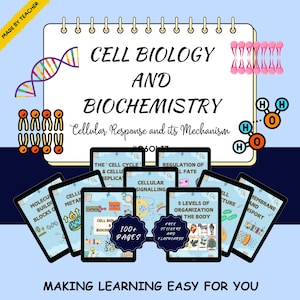 May include: A digital educational resource titled Cell Biology and Biochemistry featuring a spiral-bound notebook graphic, scientific illustrations of DNA, lipid bilayers, and water molecules, alongside multiple tablet screens displaying study modules.