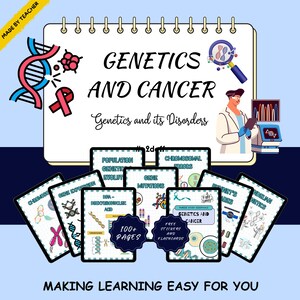 May include: A spiral-bound notebook titled Genetics and Cancer with illustrations of DNA, a scientist, and medical equipment. Below are several educational study cards featuring topics like gene mutations, chromosomal errors, and DNA structure.