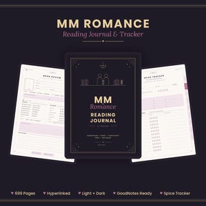 May include: A digital MM Romance reading journal and tracker featuring a dark cover with gold text, flanked by two open pages showing book review and spice tracker layouts. The design includes 699 pages, hyperlinks, light and dark modes, and spice tracking.