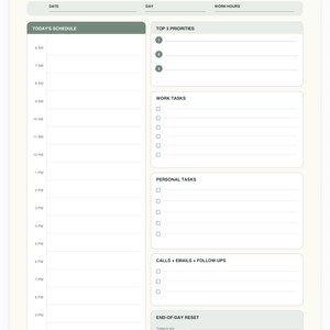 May include: A cream-colored daily planner page titled THE FOCUSED WORKDAY. It features sections for date, day, work hours, a schedule from 6 AM to 10 PM, top 3 priorities, work tasks, personal tasks, calls, emails, follow-ups, and an end-of-day reset.