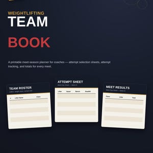 May include: A weightlifting team book planner with a dark background and white and red text. It includes a team roster, attempt sheet, and meet results pages with fields for lifter names, classes, squats, bench, deadlifts, and totals for 12 meets.