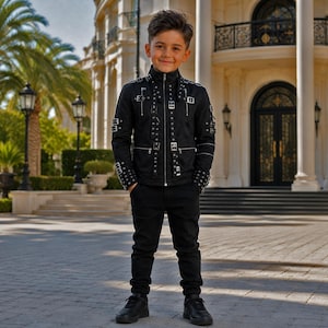May include: A black jacket featuring multiple silver buckles, straps, and zippers across the chest, shoulders, and sleeves, paired with matching black trousers and black sneakers. The jacket has a high collar and a full-length front zipper closure.