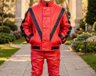 May include: A red and black leather jacket with a high collar, snap button closures, and quilted shoulder detailing, paired with matching red leather trousers and black trainers. The jacket features black V-shaped panels and black sleeve accents.